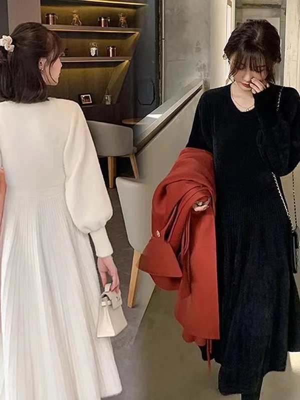 

Trendy Knitted Sweater Dr Women's Loose Fit round Ne Waist-Cinched Korean Sle Autumn Winter Outerwear Lazy Faion