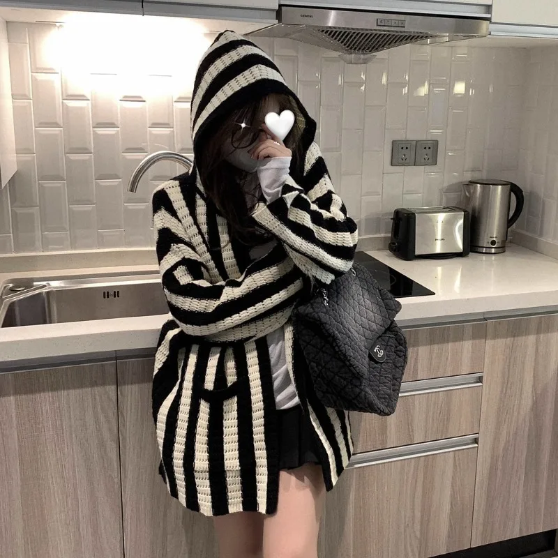 Hooded Women\'s Cardigans Autumn Striped Fashion College Knitted Leisure Harajuku Streetwear Baggy All-match Chic Female Sweaters