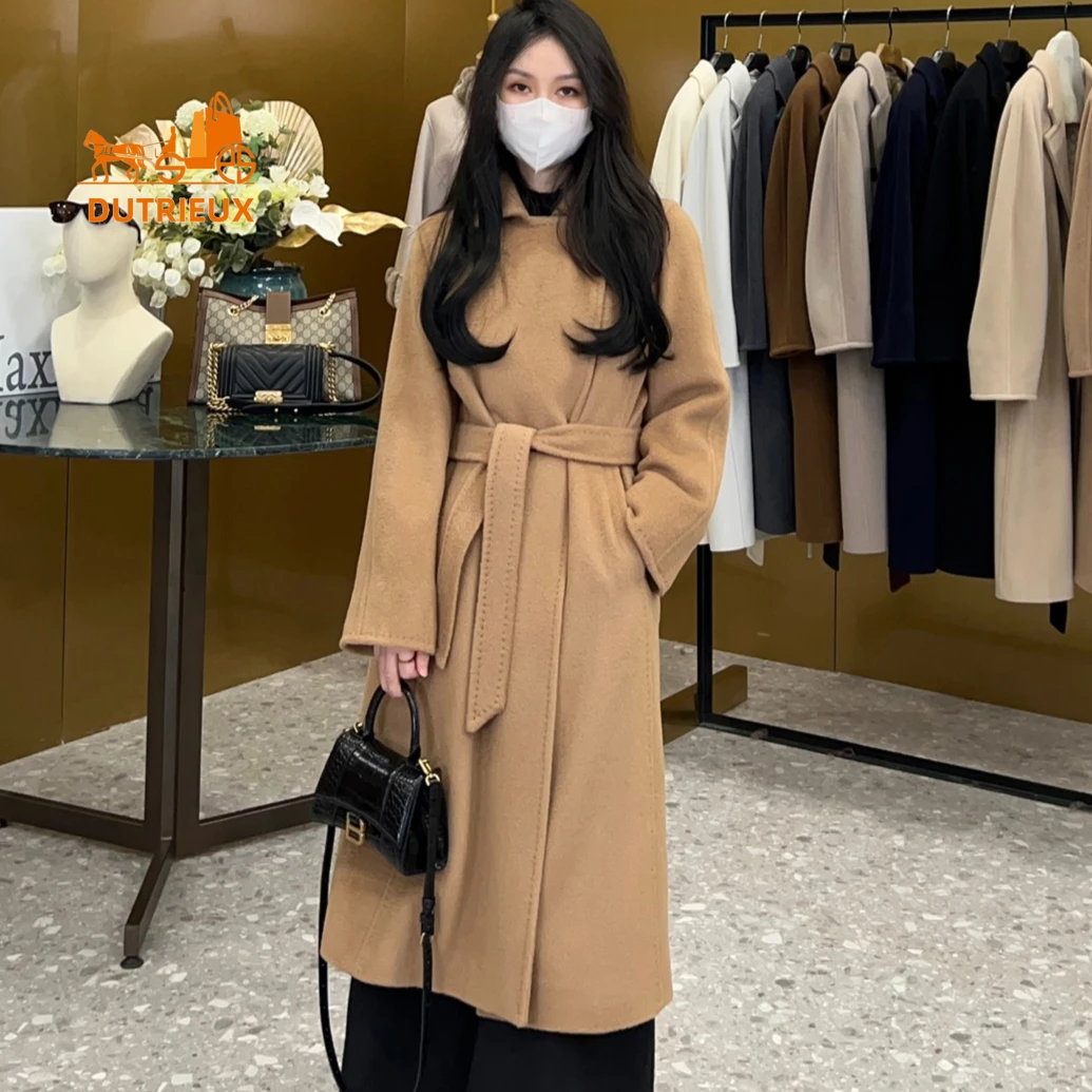 2024 Winter New Women's Cashmere Wool Coat Jacket, Fashion Designer 100% Camel Hair Long Warm Windproof Lace-up Coat for Women