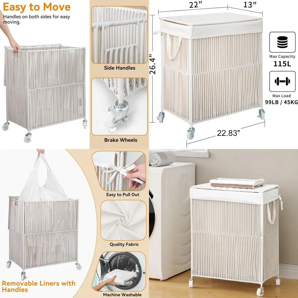 

Rolling Laundry Hamper with Lid and Removable Liner, 115L Large Sorter for Laundry Room, Cream