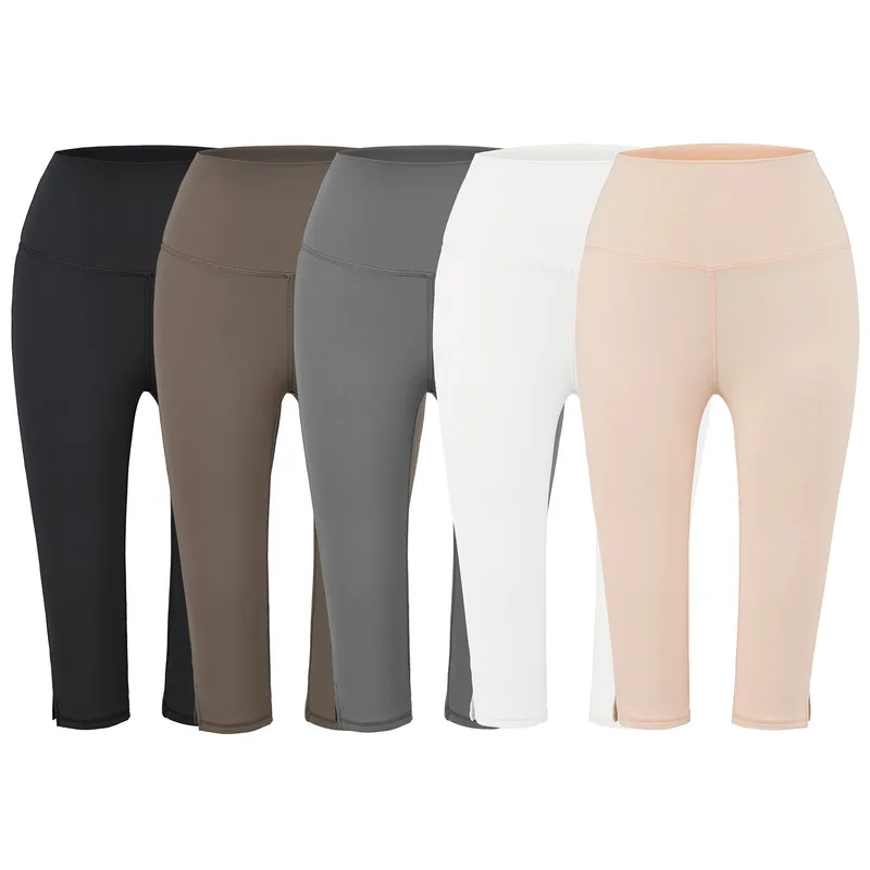 Women's/8 Length Silk Leggings Summer Thin Breathable High Waist Tummy Control Yoga Pants Split Hem Workout Activewear