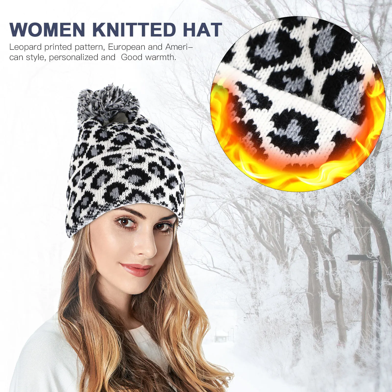 

Leopard Print Knitted Beanie Hat For Women Winter Warm Woolen Outdoor Fashion Skin-Friendly Soft Hat Retention