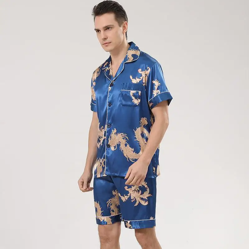 Men Pajamas Suit Print Dragon Sleepwear Satin 2PCS PJS Set Lapel Shirt&Shorts Lounge Wear Summer Button-down Nightwear Lingerie