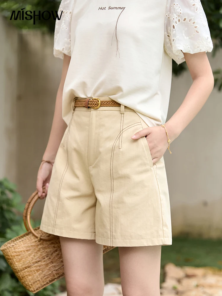 

MISHOW 100 Cotton Khaki Shorts for Women 2024 Summer Korean High Waist Slim Short Pants Casual Solid A-line Shorts MXD26K0709