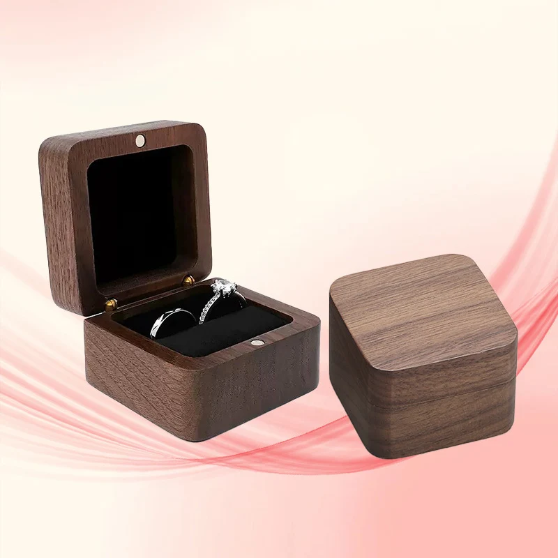 

Walnut Wooden Rings Box Square Solid Wood Jewelry Organizer with Velvet Lining for Engagement and Wedding Gift Ring Storage Case