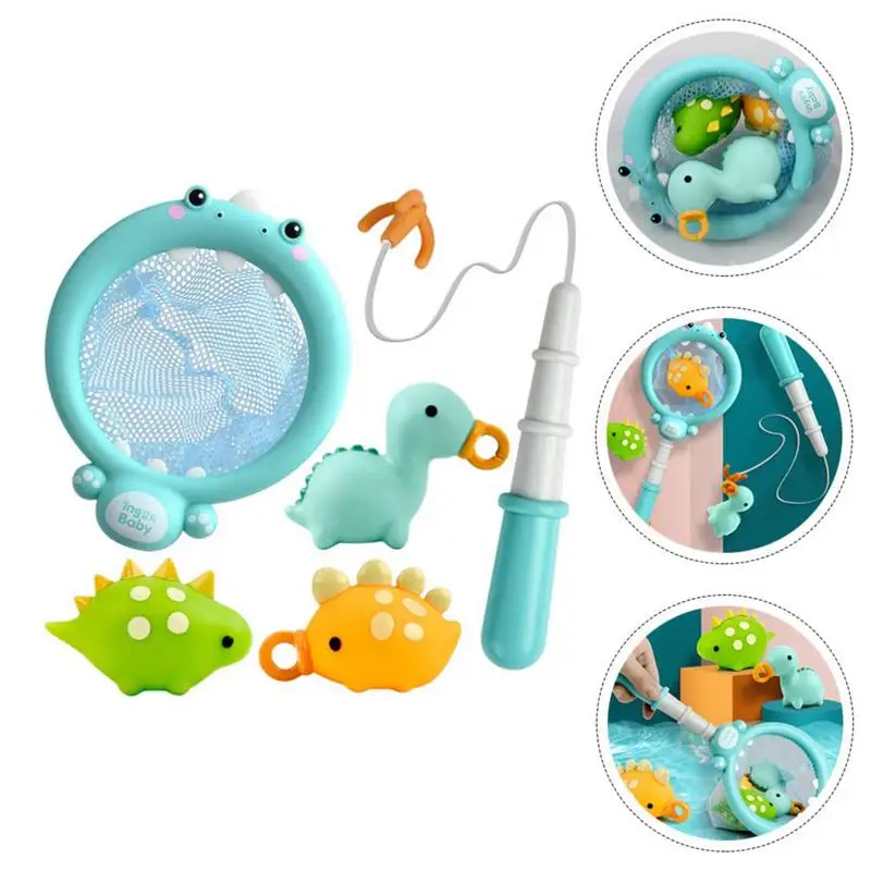 Fishing Net Bath Toy Fishing Rod Squeaky Water Squirt Toy Floating Animals Dinosaur Design Fine Motor Skill Enhancing Bathtub