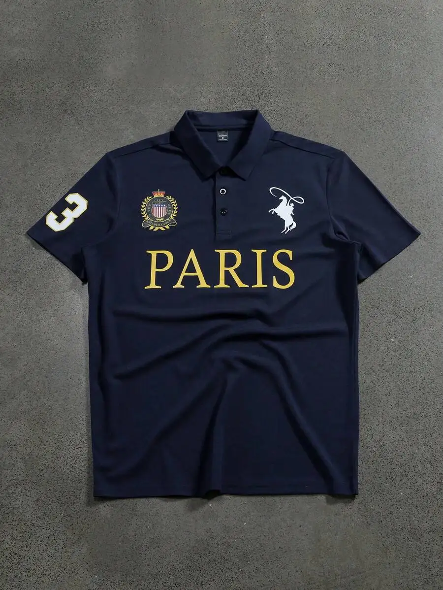 

Men's Navy Blue Short Sleeve Polo Shirt with Graphic Print and Number Detail