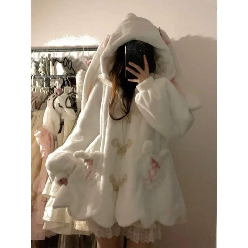 Lautaro Autumn Winter Sweet Cute Kawaii Warm Color Block Faux Fur Coat Hoodie Women with Bear Ears Luxury Fluffy Jacket 2024