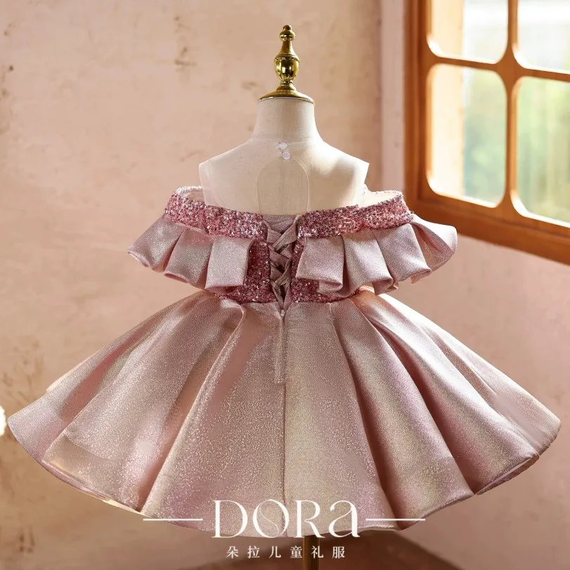 Mädchen Rosa Glitzer Festkleid Kinder Pailletten Ballkleid Geburtstagsfeier Klavier Aufführung Blumenmädchenkleider A5098 – Detail 6