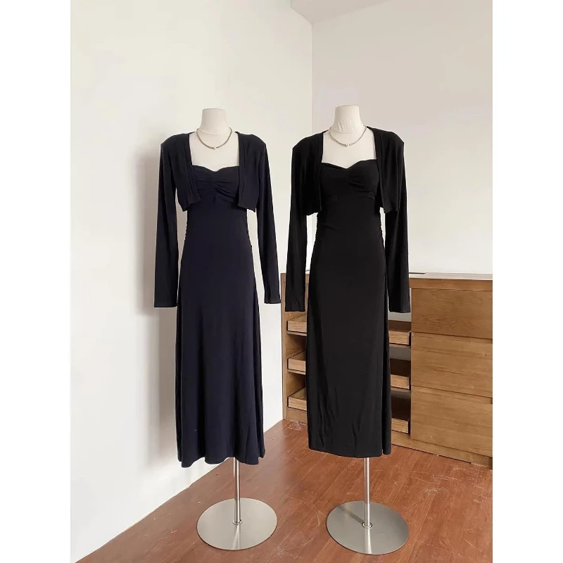 

2026 Spring New Elegant Two Piece Set Women Thin and Stylish Style Comes with Chest Cushions Strap Dress and Short Cardigan