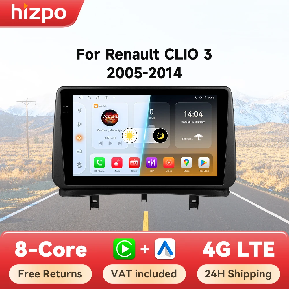 Hizpo Autoradio Autoradio pour Renault Clio 3 2005 2006 2007-2014 lecteur multimédia sans fil CarPlay Android Auto stéréo GPS 4G