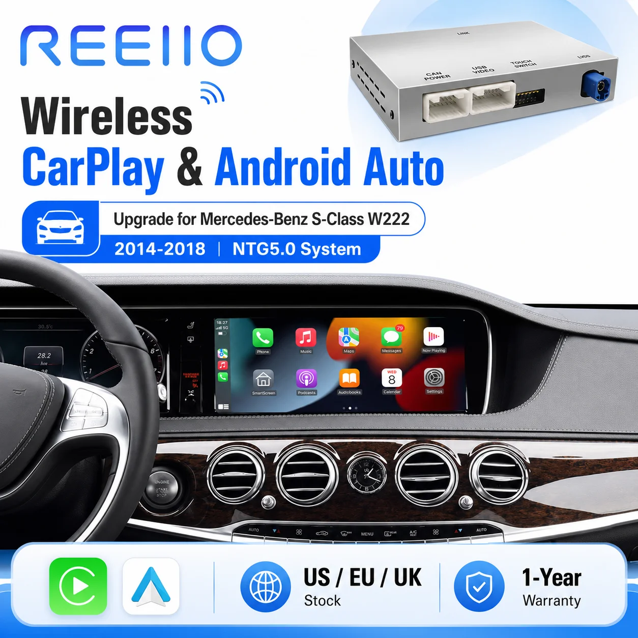 Interface décodeur sans fil CarPlay Android Auto pour Mercedes Benz Classe S W222 W217 2014-2018, compatible avec le système NTG5.0, caméra de recul, Mirror Link, Airplay, Bluetooth, fonctions GPS.