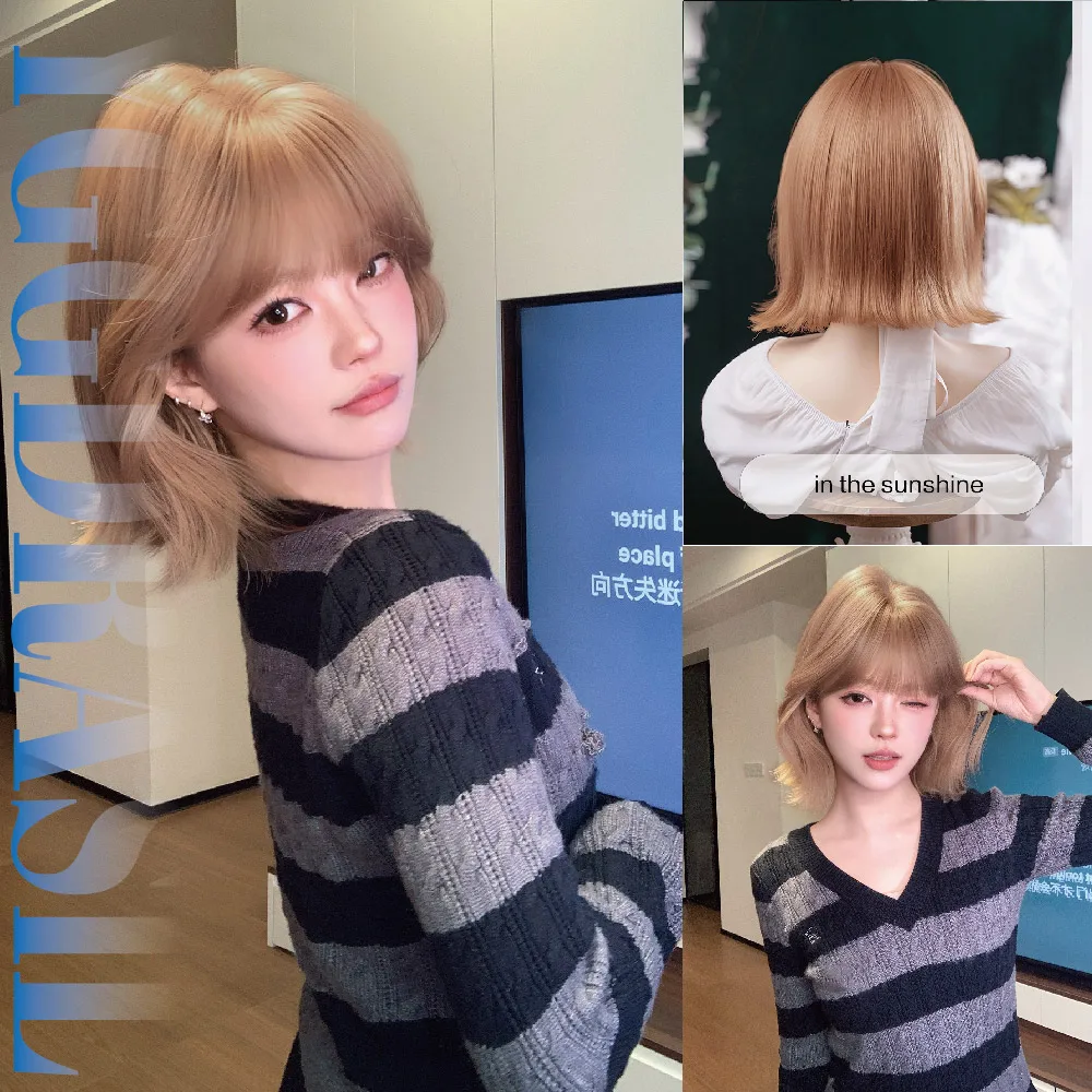 

12Inch Warm Brown Sweet Style Synthetic Wigs with Bangs Short Natural Straight Hair for Women Daily Use Cosplay Heat Resistant