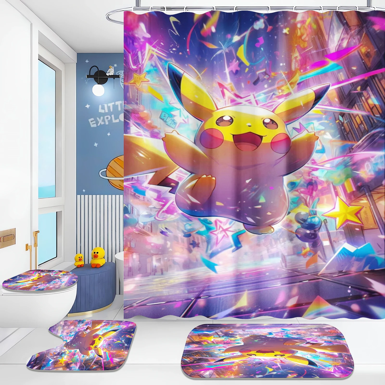 Pikachu Electric Mouse Shower Bath, Cartoon Gengar Anime, Cute Luxury Decorations, Curtain for Bathroom and Disney Sets, 4 Pcs