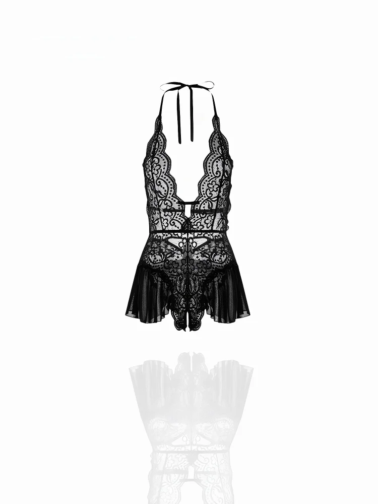 

Sexy Lace Hollow out One-Piece Spwear Original Design Underwear for Women Spring Summer Pure Desire Romantic Bla