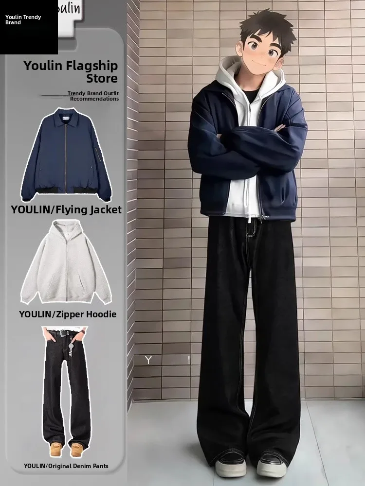 

Крутой мужской комплект: американская летная куртка и оригинальные расклешенные джинсы. Весенний повседневный спортивный костюм для молодежи.