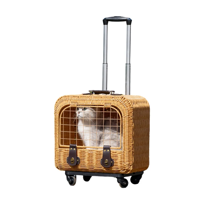 

Wicker Rattan Cat Carrier Rolling Trolley Suitcase Breathable Mesh Portable Travel Crate Telescopic Handle Quiet 360 Lightweight