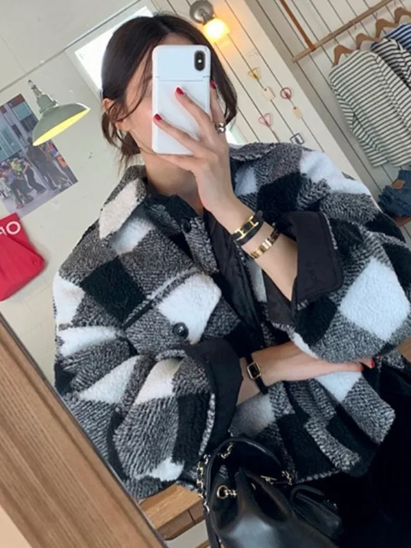 

Retro Chic Winter Woolen Coat ort Loose Fit Long Sve Turn-down Collar Color Blo Design Versatile Faionable Ladies Ja...