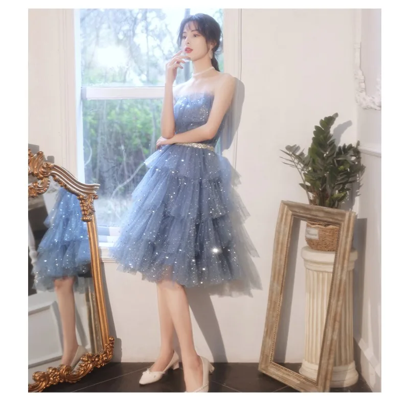 

Новинка 2025, женское банкетное сетчатое вечернее платье без бретелек с блестками, модное обручальное платье супер феи, милое утягивающее платье