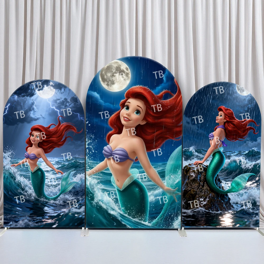 

Disney Little Mermaid Arch Backdrop Cover Birthday and Baby Shower Moonlit Stormy Sea Wave Theme Kids Party Photo Booth Decor