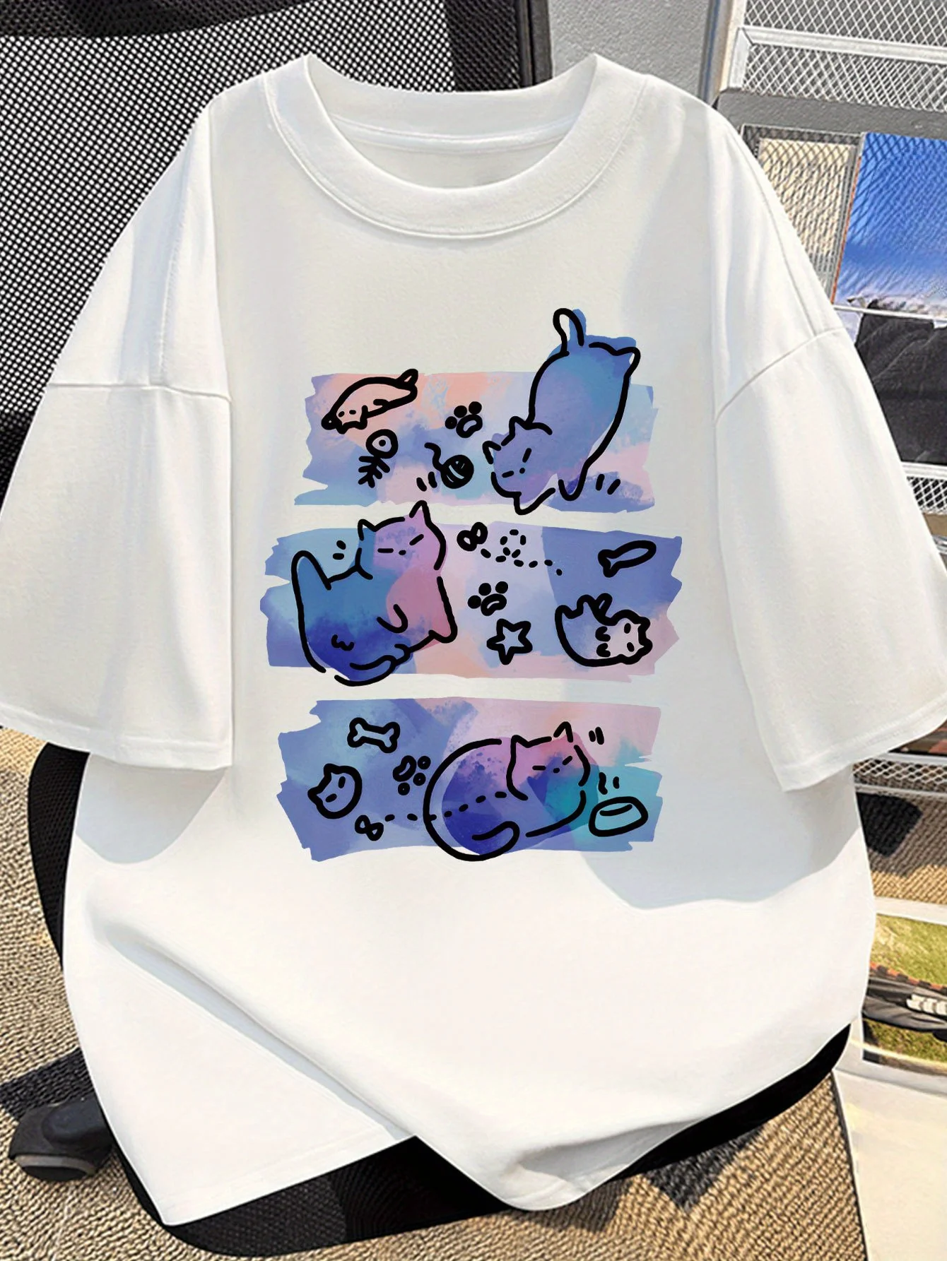 Father And Son Outfits Cat Pattern Fashion Personalized Print Teenager'S Short Sleeve T-Shirt, New Summer Casual Trendy Brand, Teenager'S Summer T-Shirt, Couple Outfit, For Teenager