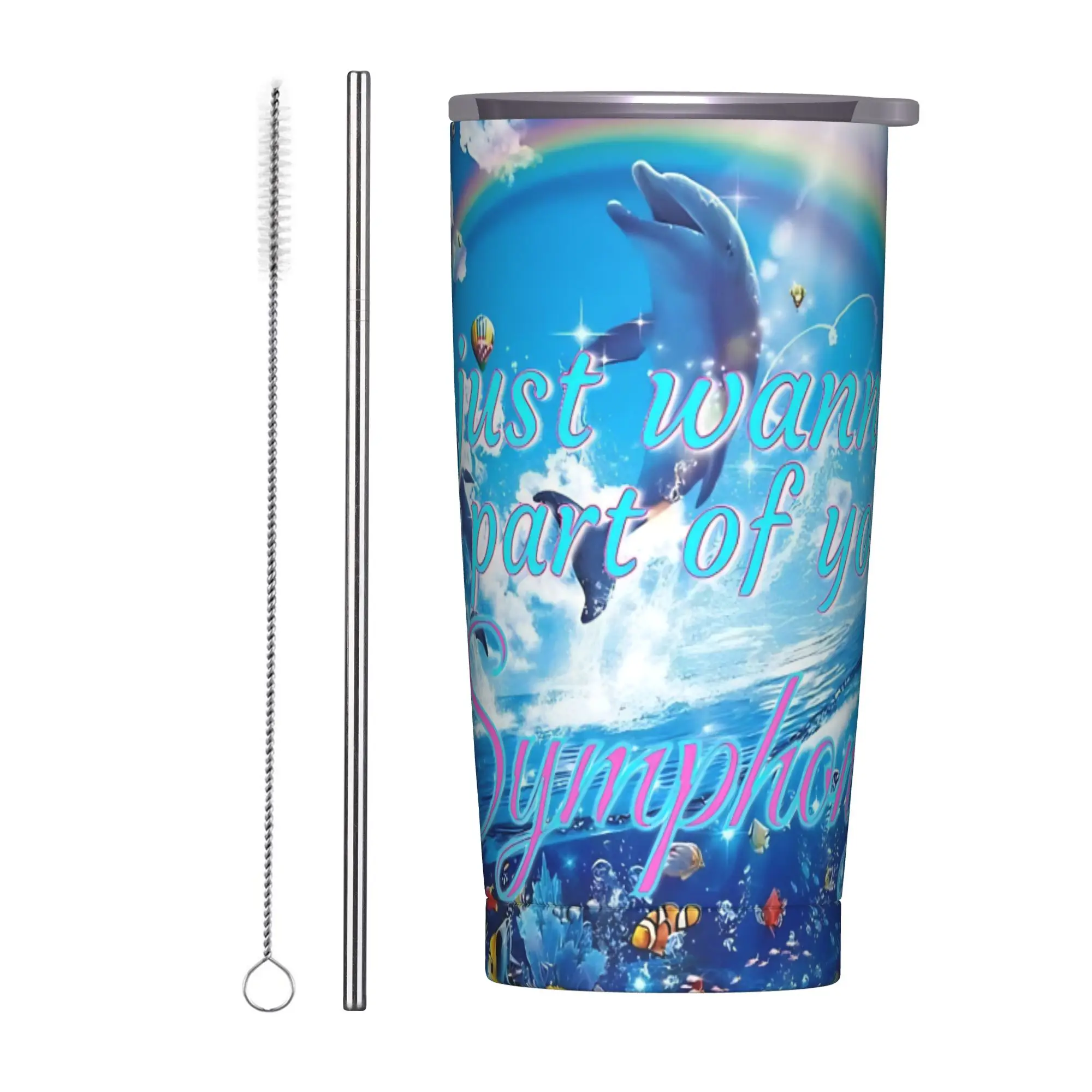 Symphony Aero Dolphin Tumbler Vacuum Insulated Frutiger Aero Coffee Cups Stainless Steel School Mug Water Bottle, 20oz