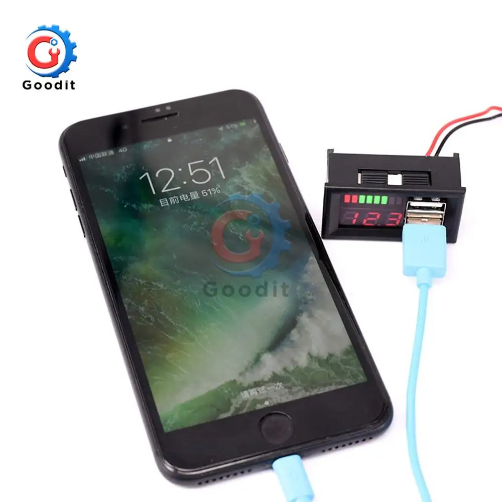 LED DC 12V Dual USB Port Digital Voltmeter 4S Lithium-iron Phosphate Lead Acid Tester for Mobile Phone Adapter USB Output