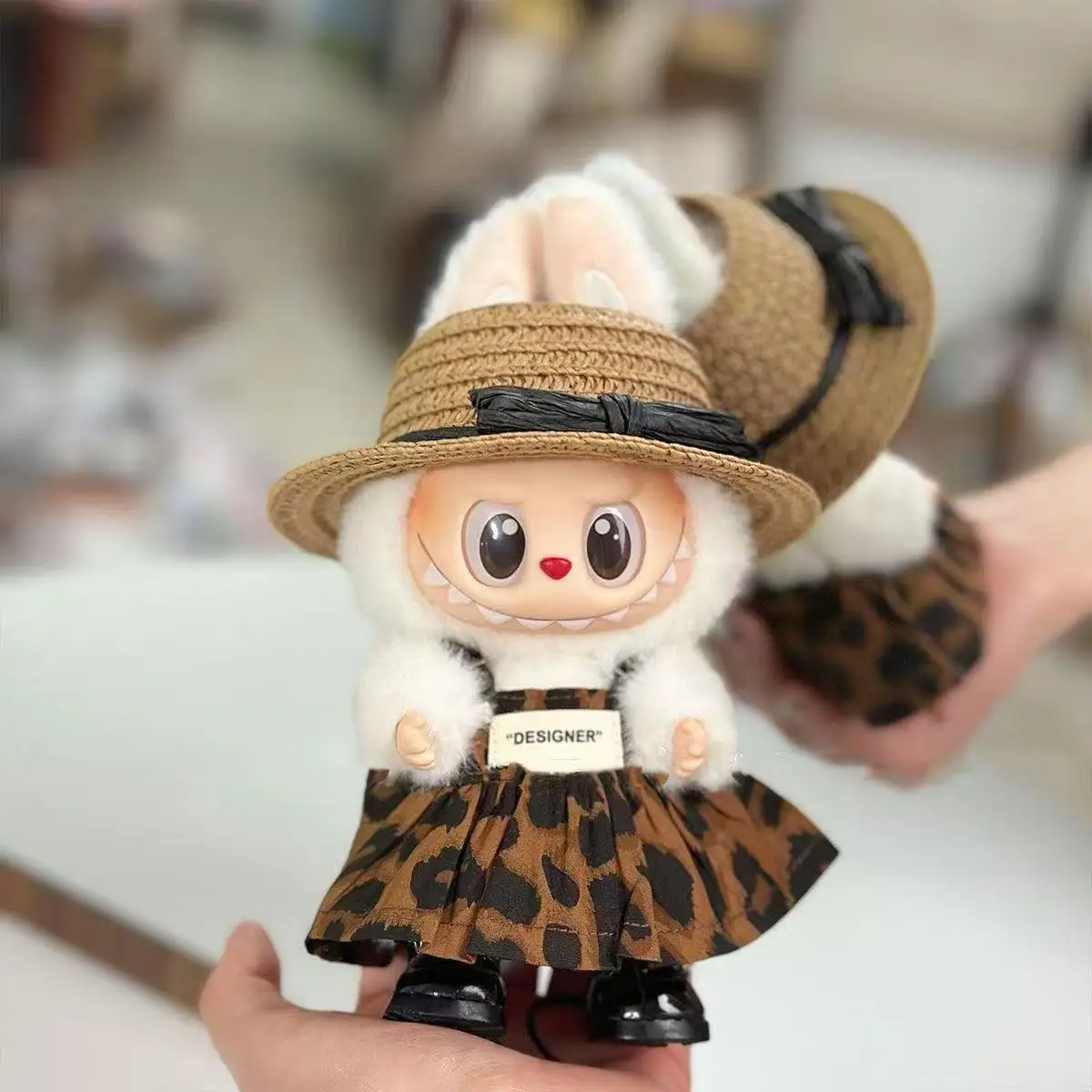 Roupas de boneca para 15/17cm labubu i ii iii mini boneca ídolo de pelúcia estampa de leopardo saia chapéu de palha sapatos acessórios de decoração presente