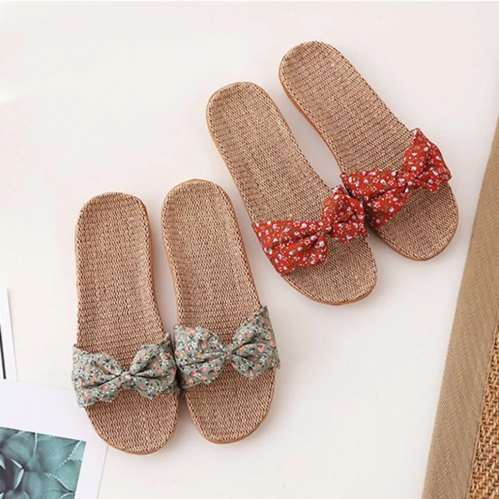 

Soft Anti Slip Flower Bow Slippers EVA Sweet Flax Slippers Women Soft Soled Beachwear Shoes Slides Sandals Summer