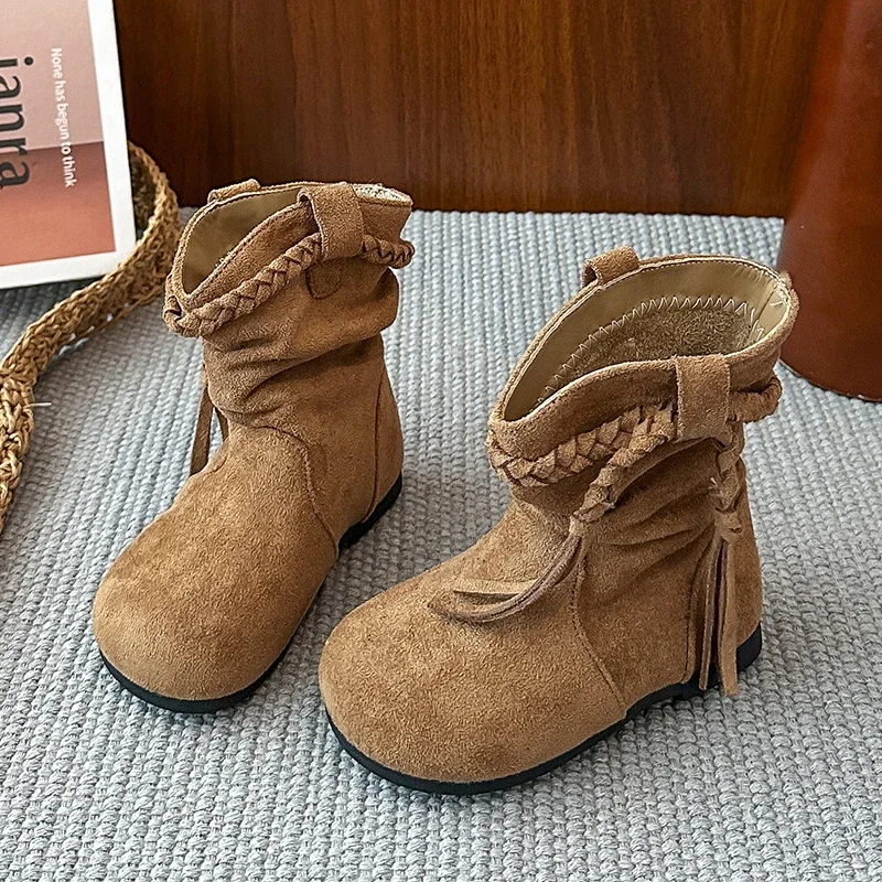 

2025 Autumn Winter Kids Short Boots Sweet Tassel Girls Princess Boots Round Toes Soft Bottom Children Leather Boots Elegant