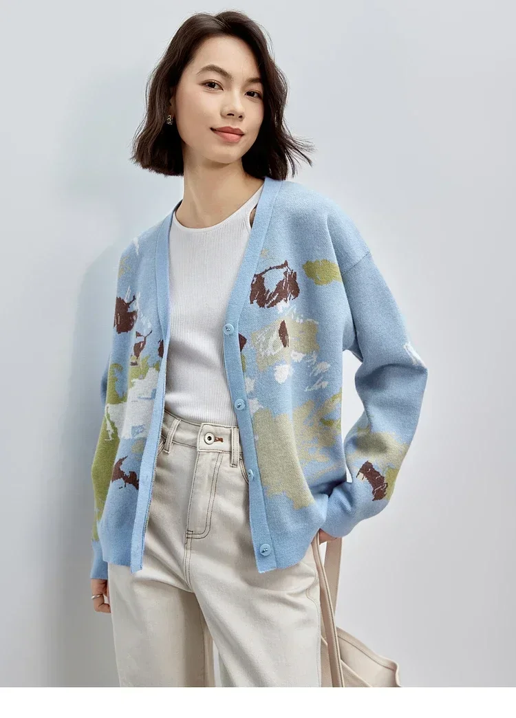 SENTUBILA Patchwork Jacquard Knitted Cardigan 2024 Autumn Loose Fashion Coral Fleece Sweater Warm V Neck Women Tops W43E56872