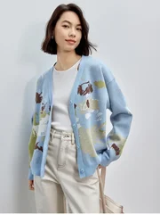 SENTUBILA Patchwork Jacquard Knitted Cardigan 2024 Autumn Loose Fashion Coral Fleece Sweater Warm V Neck Women Tops W43E56872