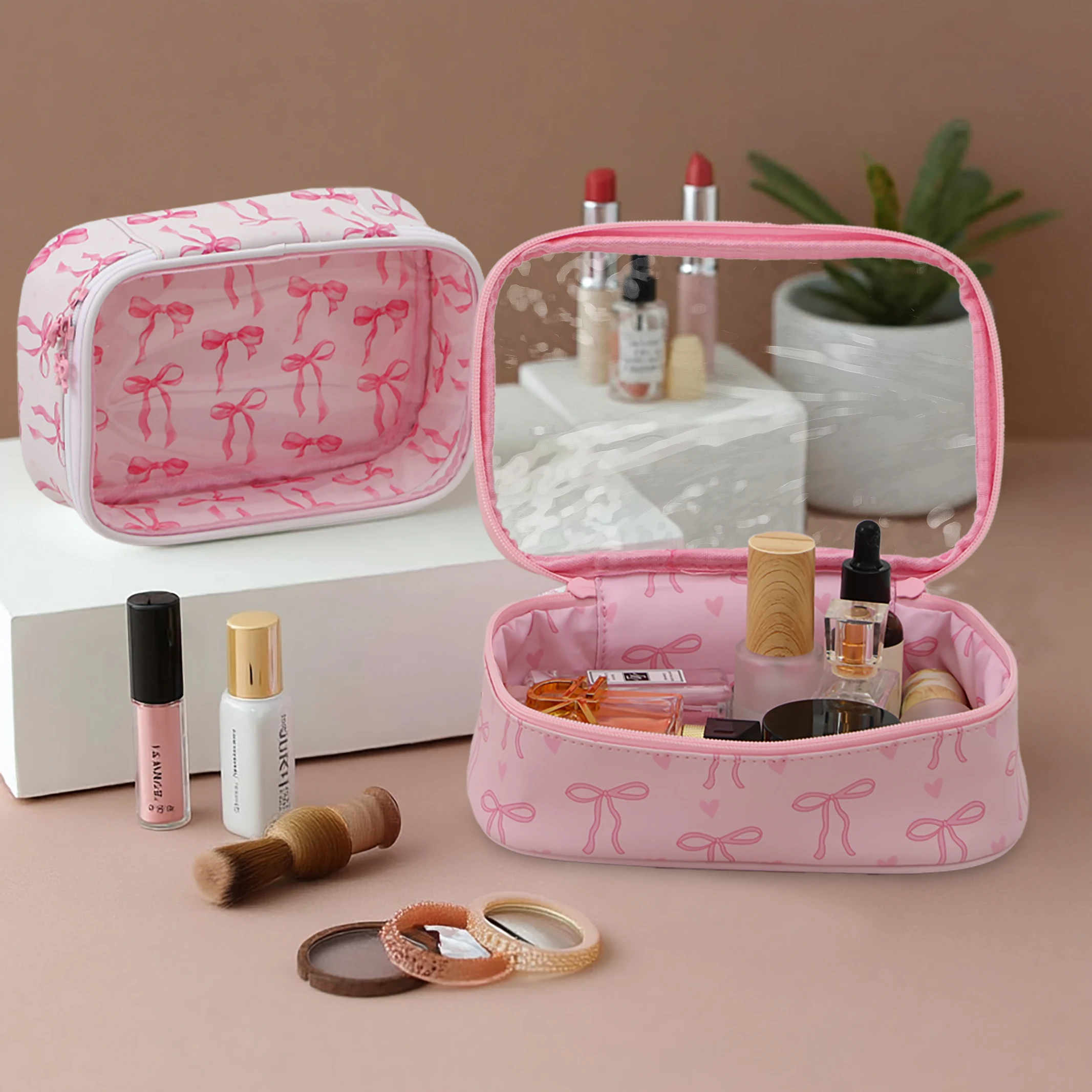 

PVC Bow Makeup Bag Transparent Pink Cute Waterproof Toiletry Handbag Trip Bag For Cosmetics And Toiletries Women Bride Gift