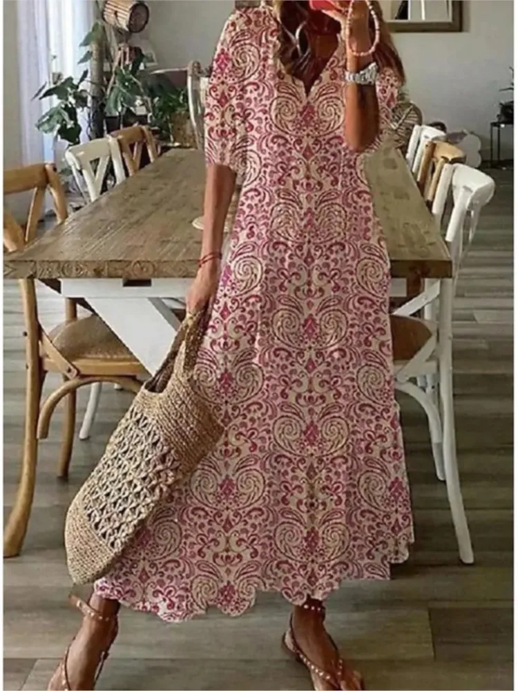 Elegant Boho Floral Print Beach Long Dresses For Women Fashion RufflesV-neck Short Sleeve Casual Sweet Loose Maxi Dress