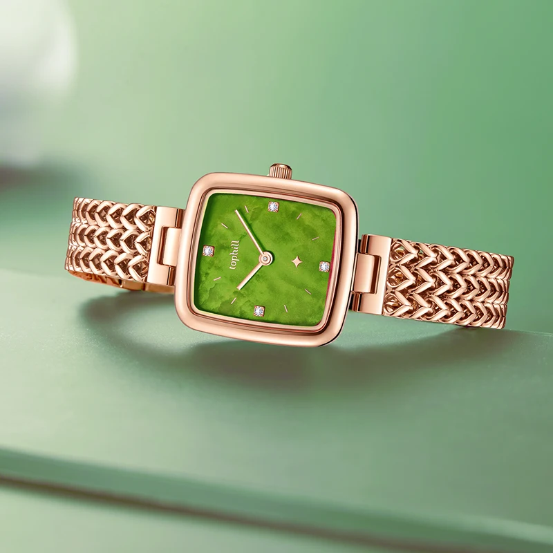 Tophill Luxury Women's Watch Green Jade Dial Rose Gold Bracelet Sapphire Crystal Waterproof Fashion Wristwatch
