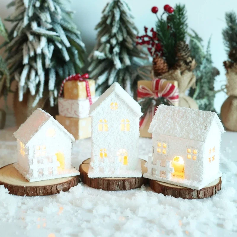 Christmas LED Light House Luminous Wooden Cabin Ornament Snow Scene Village for Home New Year Kids Gifts Christmas Decoration