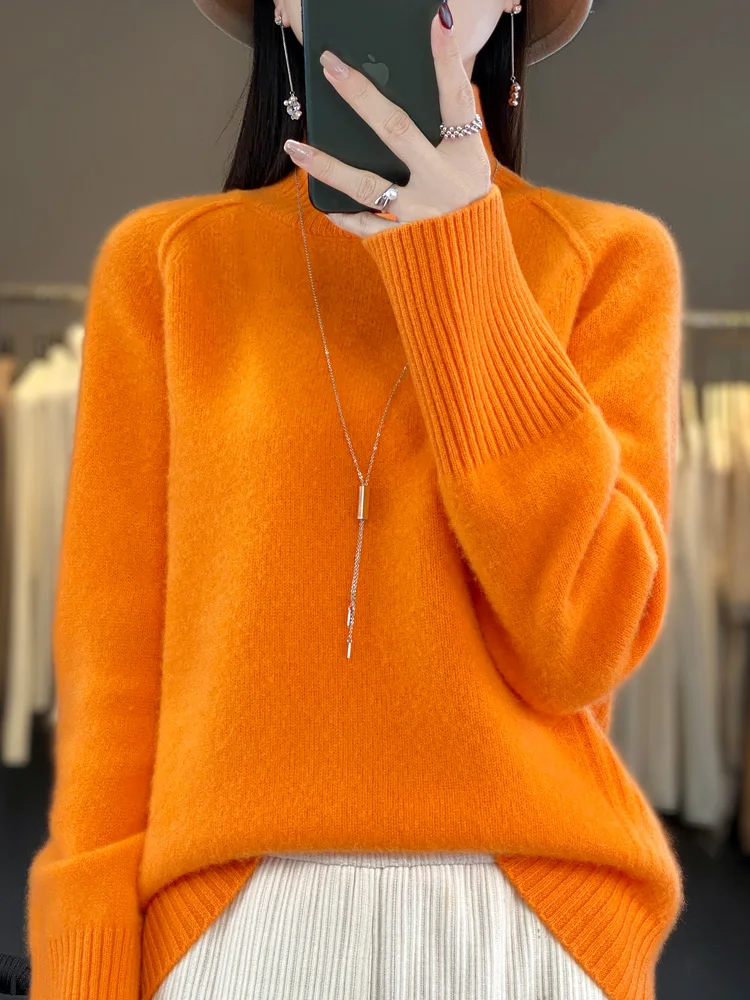 New Women's Thick Sweater Autumn Winter 100% Merino Wool Pullover Mock Neck Casual Soft Solid Knitwear Female Clothes Tops