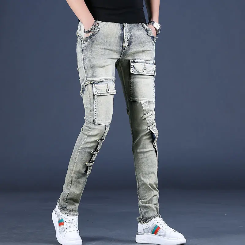 2022 new summer European and American high street tide brand retro motorcycle riding pants jeans patch men's trousers thin