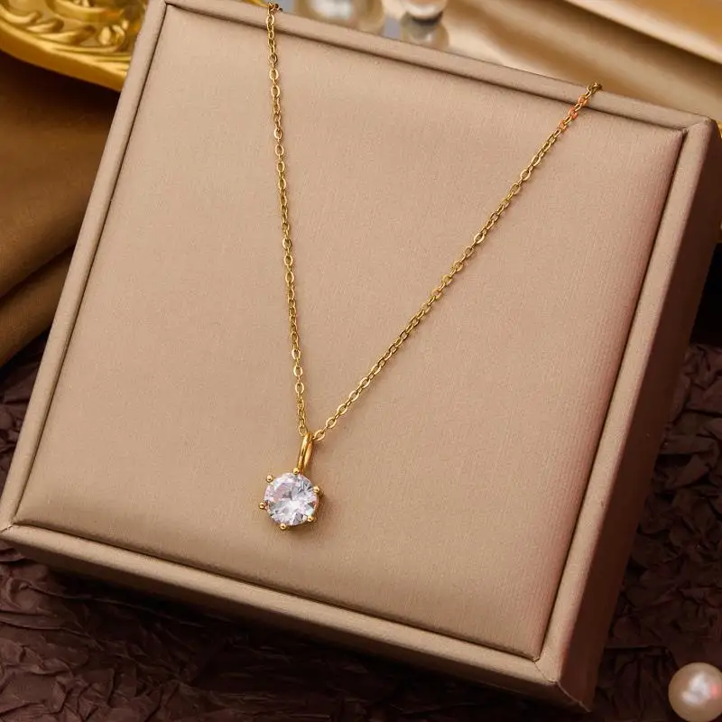 Dainty Single Zircon Pendant Titanium Steel Necklace Elegant Hypoallergenic Fashion Jewelry for Women Wedding Guest