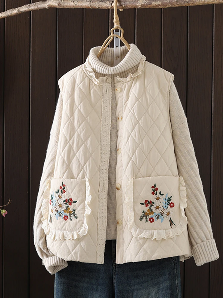 

High-End Embroidered Cotton Vest Women's Autumn Winter Vintage Loose Cotton oulder Pad ort Jaet Artistic Commute Sle