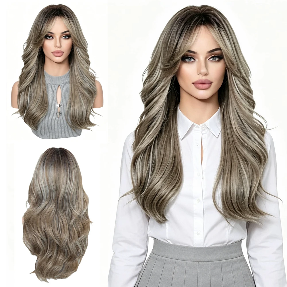 Balayage Ash Blonde Long Layered Wavy Wig For Women Curtain Bangs Ombre Brown Heat Resistant Synthetic Hair Office Daily Wear