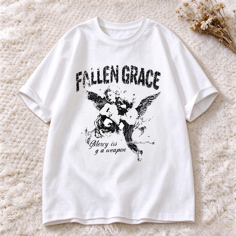 Retro Gothic Fallen Grace Angel Graphic T Shirt Women Men Distressed Art Print Short Sleeve Casual Street Tees Harajuku Y2k Top