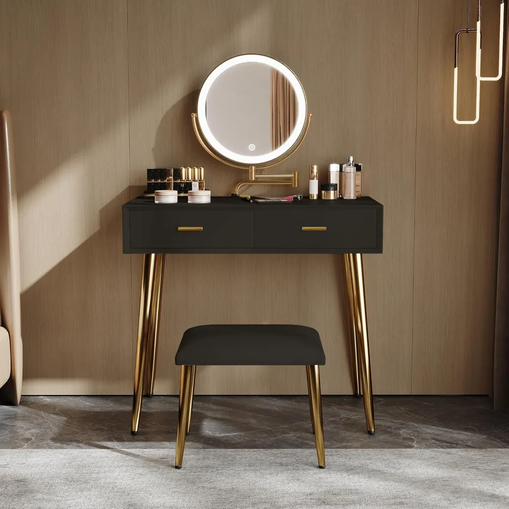 Makeup Vanity Desk with Mirror and Lights, Small Vanity Table with 2 Drawers, Stool,Vanity Set for Bedroom with Microfiber