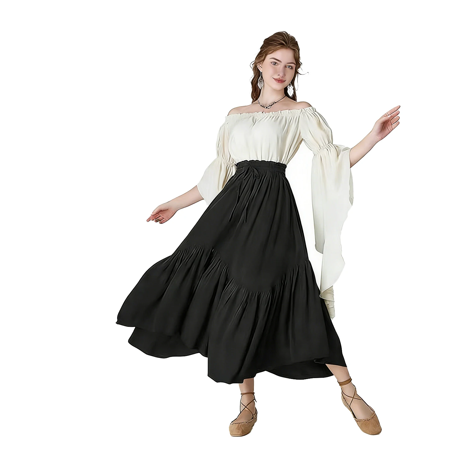 Women Maxi Skirt Vintage High Waist A Line Victorian Long Skirt Steampunk Gothic Ruffled Hem Pleated Skirts