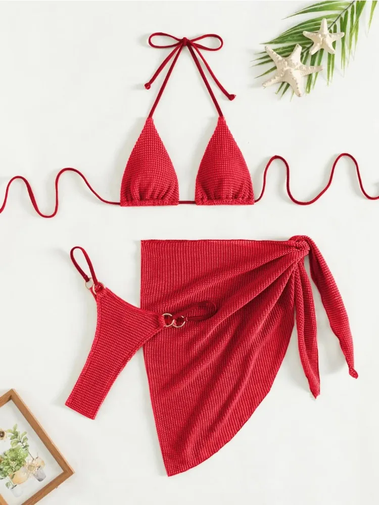 2025 New Sexy Women Brown Halter Push Up Bra 3 Piece Bikini Set Thong Summer Beach Bathing Suit traje de baño de mujer swimsuit