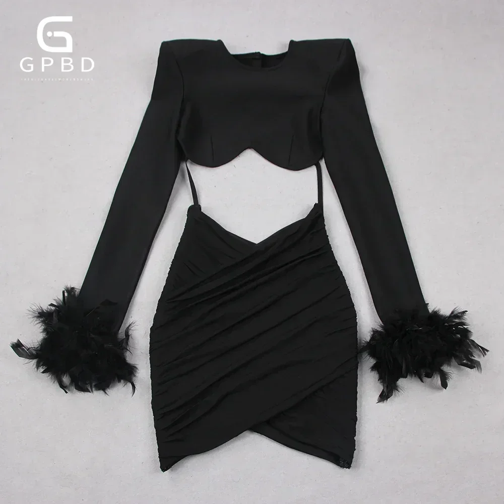 GPBD 2024 Fashion Feather Mesh  Bandage Womens Two Peice Sets Blazer Mujer Top Mini Dress Sexy Dresses