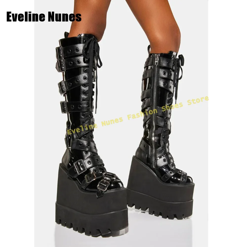 Cross Tied Spicy Girl Knee High Boots Trend Belt Buckle Platform Punk Motorcycle Boots Round Toe Thick Sole Height Increasing