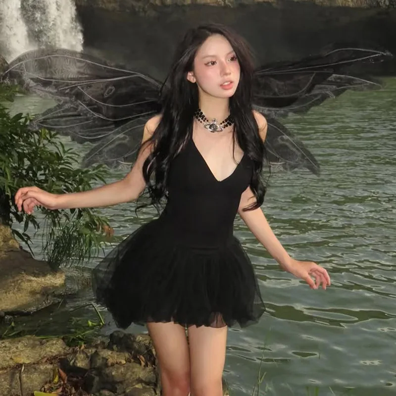 ヨーロッパとアメリカの夏の新しい黒の深いエレガントなホットガールバックレススリーブスリムドレス女性用