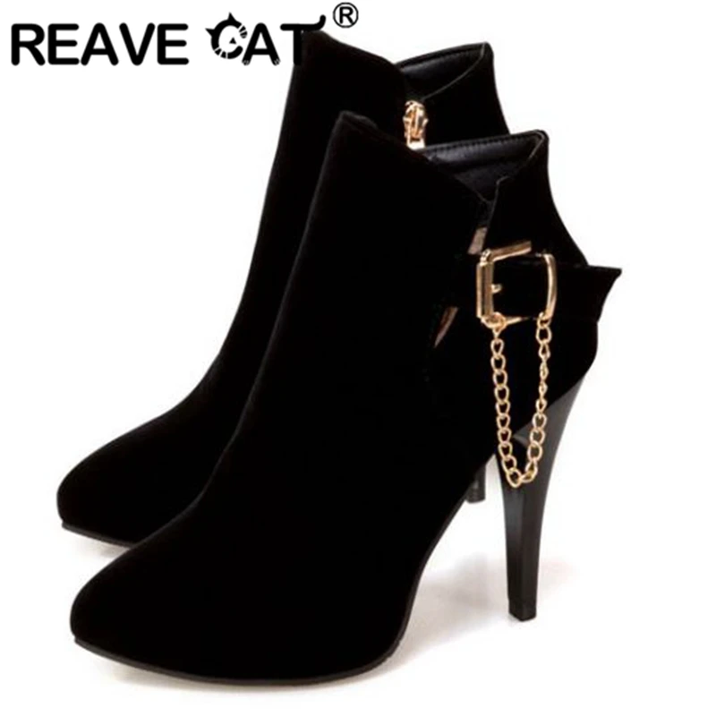 REAVE CAT 2024 Ankle Boots Pointed Toe Thin Heels Flock Buckle Big Size 30-50 Black Blue Red S2677