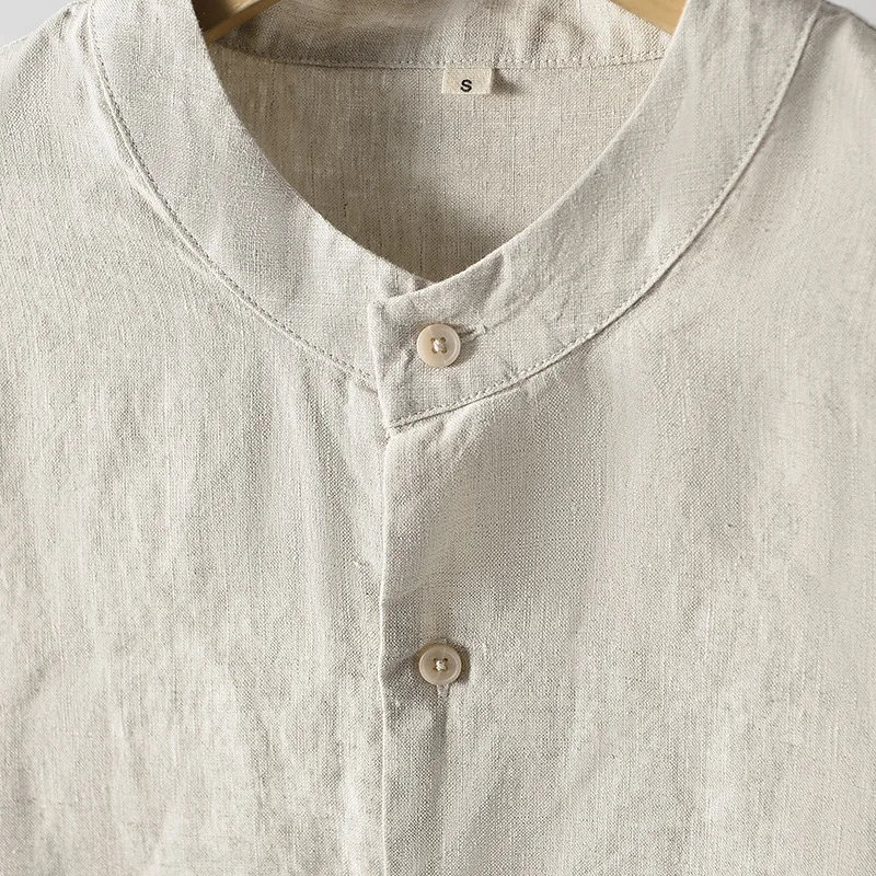 Chemise en lin décontractée pour hommes, ample et respirante, col montant, haut à manches longues, nouvelle collection